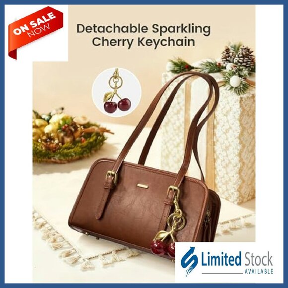 Vegan Leather Hobo Shoulder Bag with Cherry Pendant, Adjustable Strap